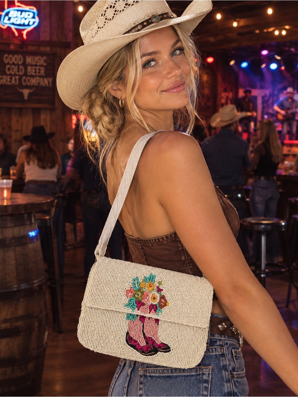 Beaded Cream Crossbody Bag with Floral Cowboy Boot - Sol and Mer (NWT)
